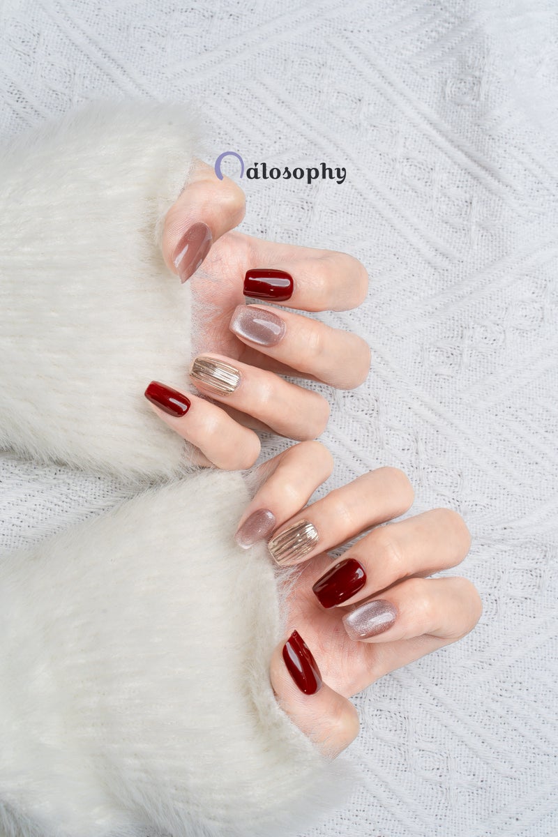 Nailosophy Handmade Luxury Press-on Nails Burgundy Red & Champagne Ripple | Square Shape - Image 3